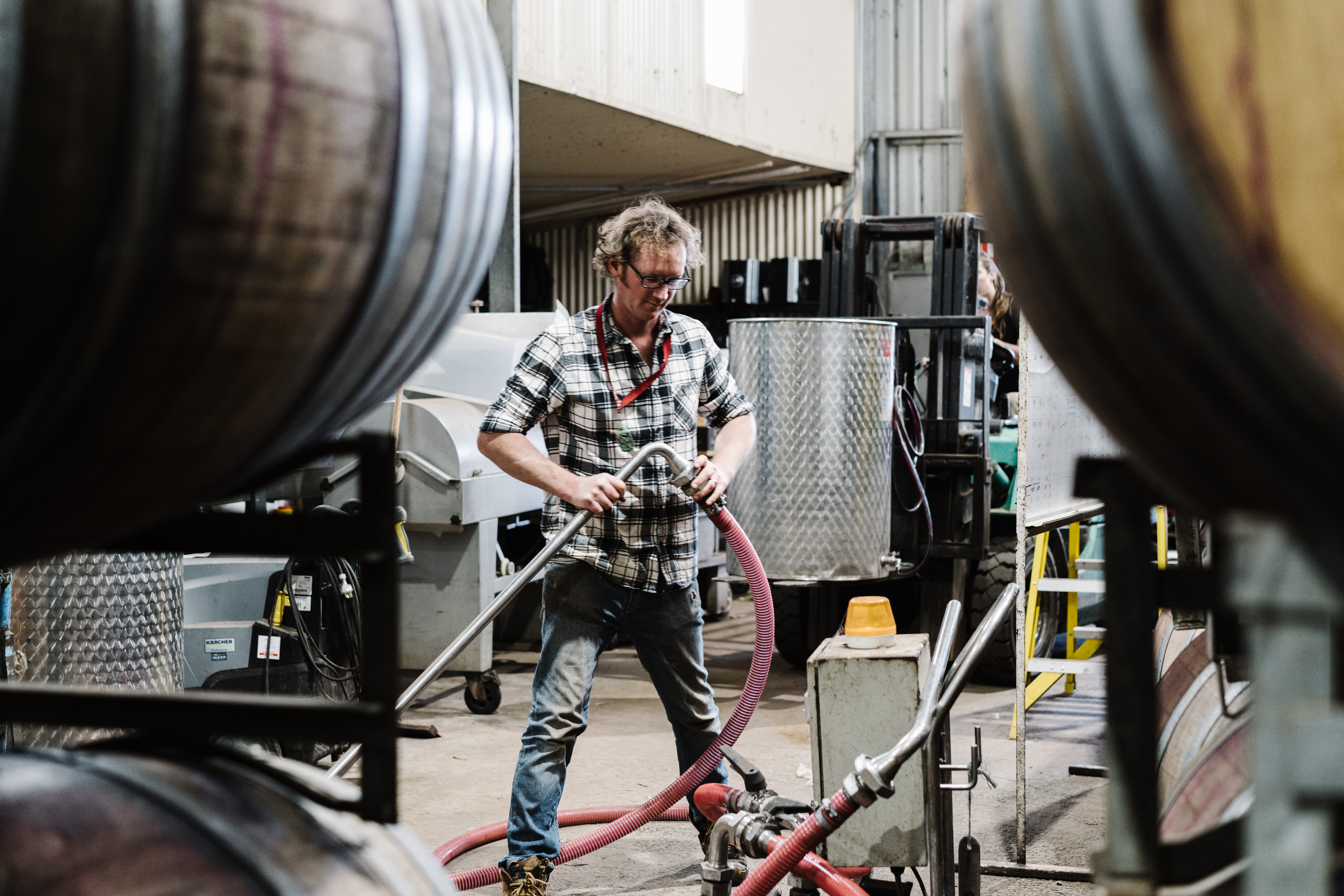 Winemaker in winery with barrels